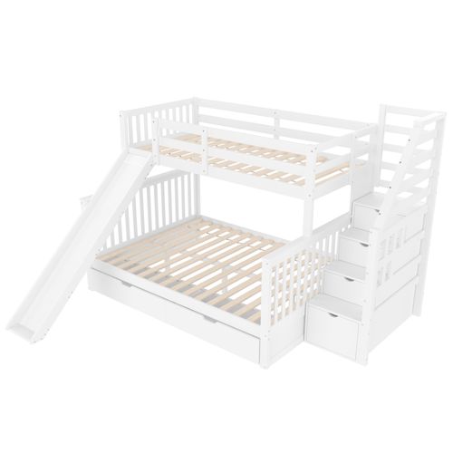 Lit Superposé 90 X 200 + 140 X 200 Cm Avec Tiroirs, Rangements Et Toboggans, Multifonction, Blanc