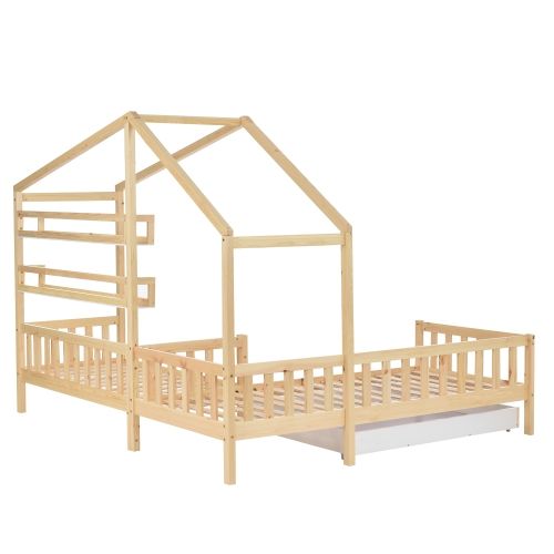 Lit Enfant En Forme De Cabane 90x200 Cm + 140x70 Cm En Bois Avec 1 Tiroir + 2 Racks De Stockage
