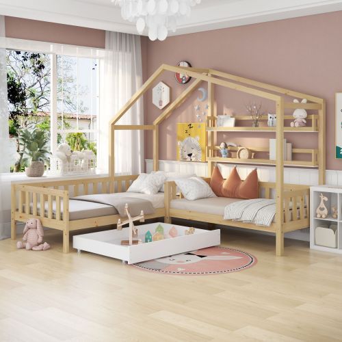 Lit Enfant En Forme De Cabane 90x200 Cm + 140x70 Cm En Bois Avec 1 Tiroir + 2 Racks De Stockage