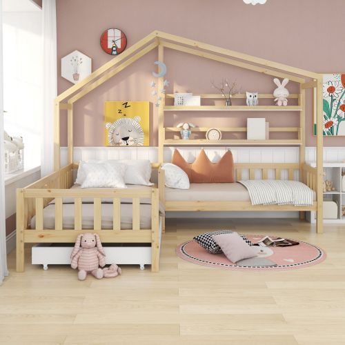 Lit Enfant En Forme De Cabane 90x200 Cm + 140x70 Cm En Bois Avec 1 Tiroir + 2 Racks De Stockage