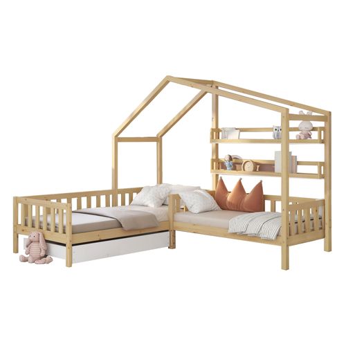 Lit Enfant En Forme De Cabane 90x200 Cm + 140x70 Cm En Bois Avec 1 Tiroir + 2 Racks De Stockage