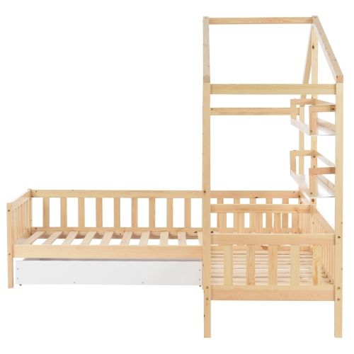 Lit Enfant En Forme De Cabane 90x200 Cm + 140x70 Cm En Bois Avec 1 Tiroir + 2 Racks De Stockage