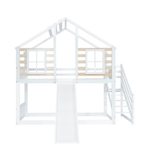 Lit Mezzanine Lit Cabane 90 X 200 Cm Avec Escaliers Et Toboggans En Blanc