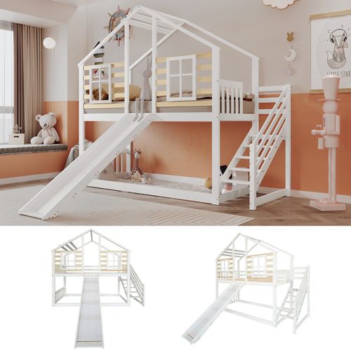 Lit Mezzanine Lit Cabane 90 X 200 Cm Avec Escaliers Et Toboggans En Blanc