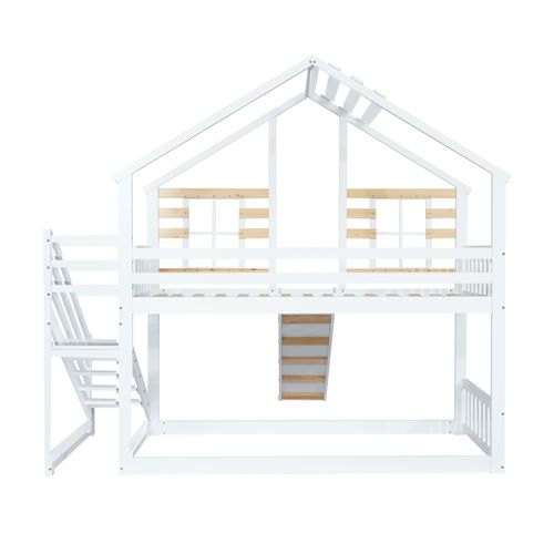 Lit Mezzanine Lit Cabane 90 X 200 Cm Avec Escaliers Et Toboggans En Blanc