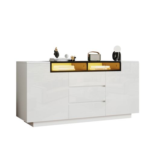 Buffet Avec LED, 2 Portes, 2 Niches Et 3 Tiroirs Blanc