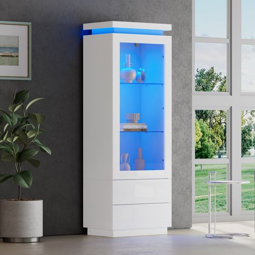 Vitrine Avec LED, 1 Porte Et 2 Tiroirs Blanc