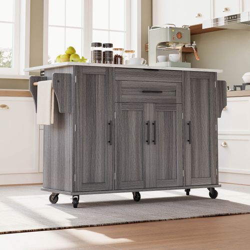 Ilot Central Cuisine Comptoir Avec 4 Portes Et 1 Tiroir Gris