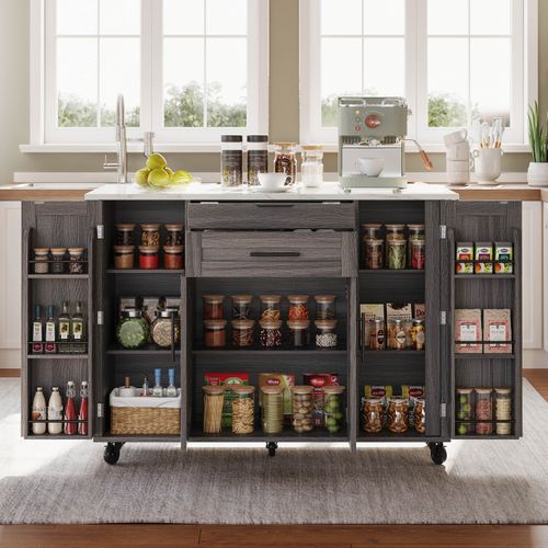 Ilot Central Cuisine Comptoir Avec 4 Portes Et 1 Tiroir Gris