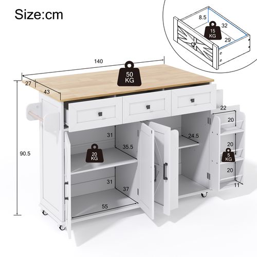 Ilot Central Cuisine Comptoir Avec 4 Portes Et 3 Tiroirs Blanc