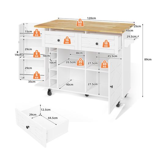 Ilot Central Cuisine Comptoir Avec 2 Portes, Armoire à Vin Et 2 Tiroirs Blanc