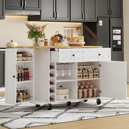 Ilot Central Cuisine Comptoir Avec 2 Portes, Armoire à Vin Et 2 Tiroirs Blanc