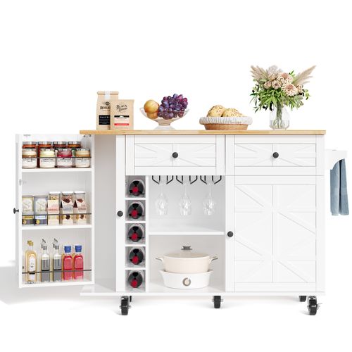 Ilot Central Cuisine Comptoir Avec 2 Portes, Armoire à Vin Et 2 Tiroirs Blanc