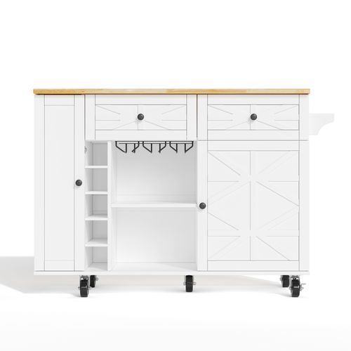 Ilot Central Cuisine Comptoir Avec 2 Portes, Armoire à Vin Et 2 Tiroirs Blanc