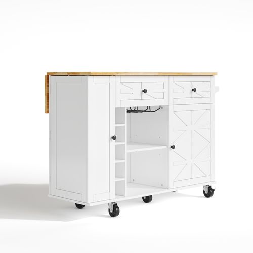 Ilot Central Cuisine Comptoir Avec 2 Portes, Armoire à Vin Et 2 Tiroirs Blanc