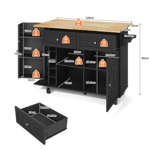 Ilot Central Cuisine Comptoir Avec 2 Portes, Armoire à Vin Et 2 Tiroirs Noir