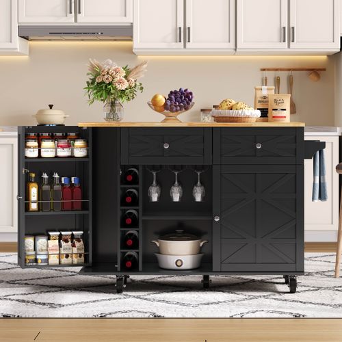 Ilot Central Cuisine Comptoir Avec 2 Portes, Armoire à Vin Et 2 Tiroirs Noir