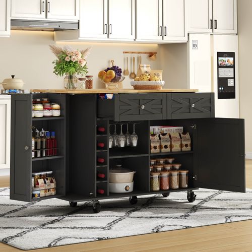 Ilot Central Cuisine Comptoir Avec 2 Portes, Armoire à Vin Et 2 Tiroirs Noir