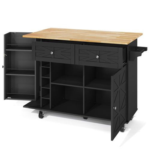 Ilot Central Cuisine Comptoir Avec 2 Portes, Armoire à Vin Et 2 Tiroirs Noir