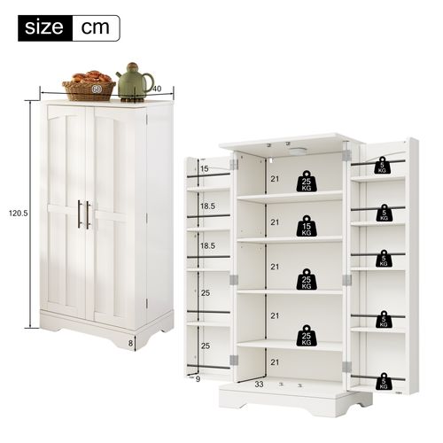 Buffet De Cuisine Avec 2 Portes, Étagères Réglables En Hauteur Et LED Blanc