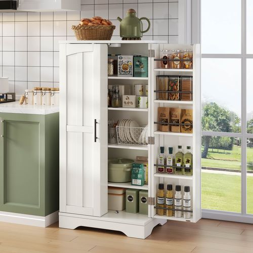 Buffet De Cuisine Avec 2 Portes, Étagères Réglables En Hauteur Et LED Blanc