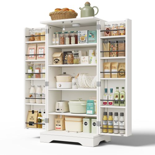 Buffet De Cuisine Avec 2 Portes, Étagères Réglables En Hauteur Et LED Blanc