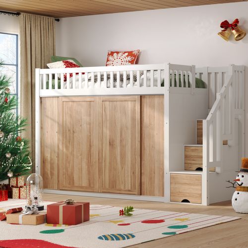 Lit Mezzanine 90 X 200 Cm Avec LED, Armoire Et 3 Escaliers De Rangement Blanc + Imitation Chêne