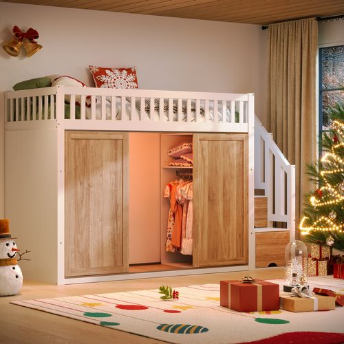 Lit Mezzanine 90 X 200 Cm Avec LED, Armoire Et 3 Escaliers De Rangement Blanc + Imitation Chêne