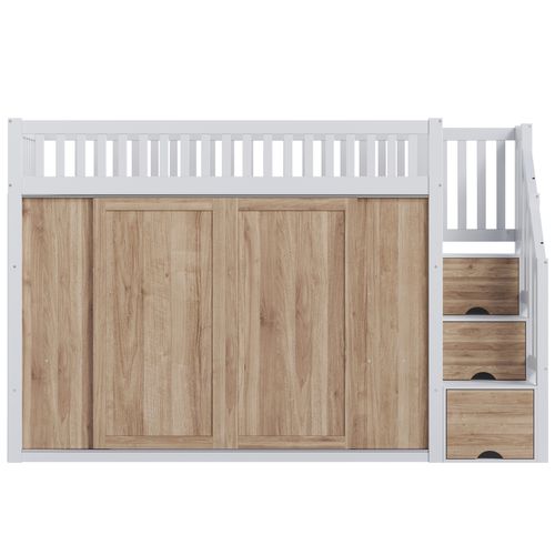 Lit Mezzanine 90 X 200 Cm Avec LED, Armoire Et 3 Escaliers De Rangement Blanc + Imitation Chêne