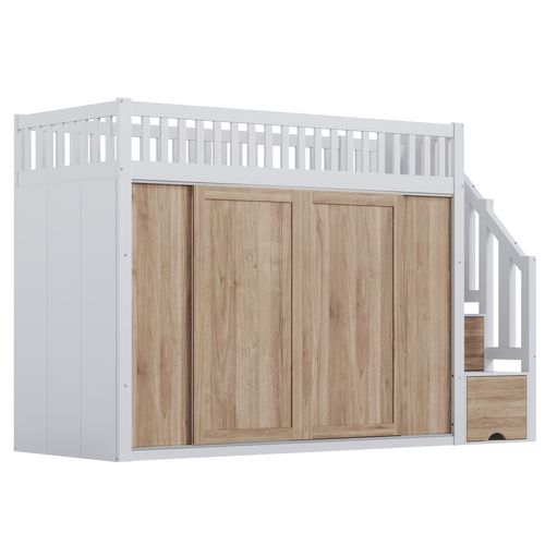 Lit Mezzanine 90 X 200 Cm Avec LED, Armoire Et 3 Escaliers De Rangement Blanc + Imitation Chêne