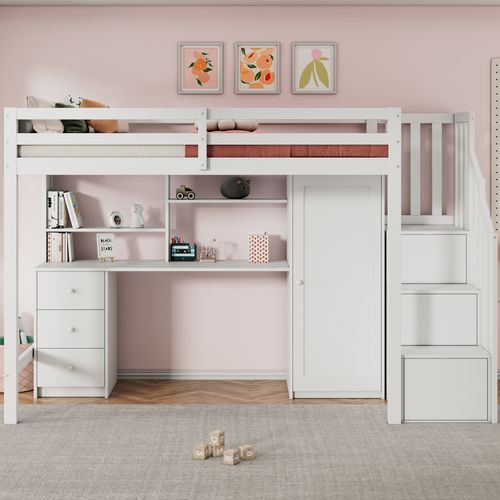 Lit Mezzanine 90 X 200 Cm Avec Bureau, Armoire, 3 Tiroirs Et 3 Escaliers De Rangement Blanc