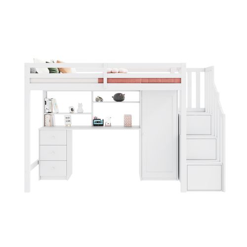 Lit Mezzanine 90 X 200 Cm Avec Bureau, Armoire, 3 Tiroirs Et 3 Escaliers De Rangement Blanc