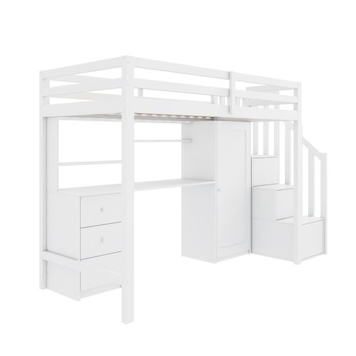 Lit Mezzanine 90 X 200 Cm Avec Bureau, Armoire, 3 Tiroirs Et 3 Escaliers De Rangement Blanc
