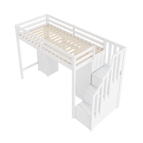 Lit Mezzanine 90 X 200 Cm Avec Bureau, Armoire, 3 Tiroirs Et 3 Escaliers De Rangement Blanc