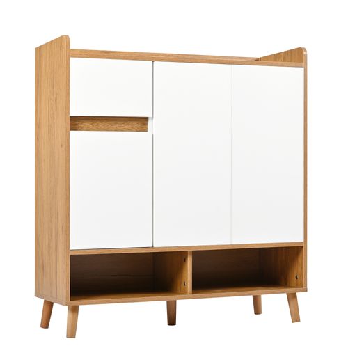 Meuble à Chaussures Avec 3 Portes Et 1 Tiroir Blanc + Imitation Chêne