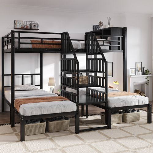 Lit Superposé 140x200cm + 2x90x200cm Avec Compartiments De Rangement Et Escaliers En Métal Noir