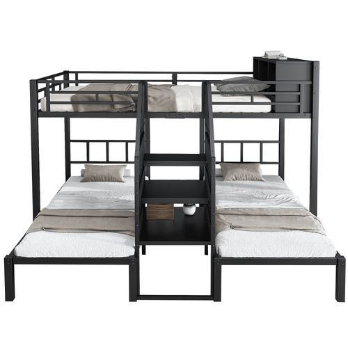 Lit Superposé 140x200cm + 2x90x200cm Avec Compartiments De Rangement Et Escaliers En Métal Noir