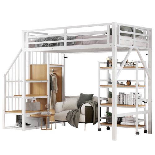 Lit Mezzanine 90 X 200 Cm Avec Étagères Multicouches En Métal Blanc