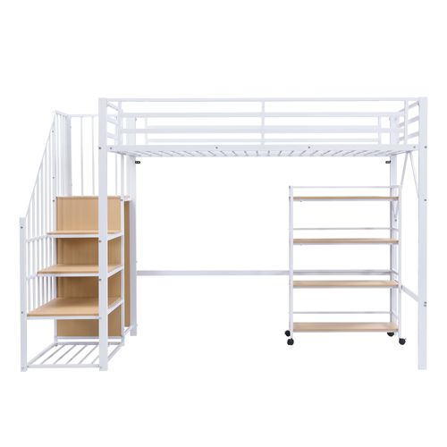Lit Mezzanine 90 X 200 Cm Avec Étagères Multicouches En Métal Blanc