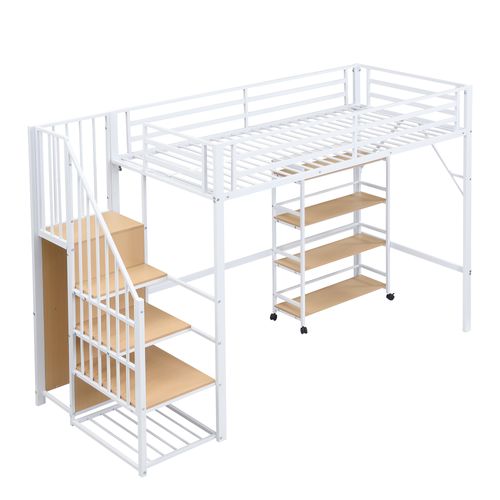 Lit Mezzanine 90 X 200 Cm Avec Étagères Multicouches En Métal Blanc