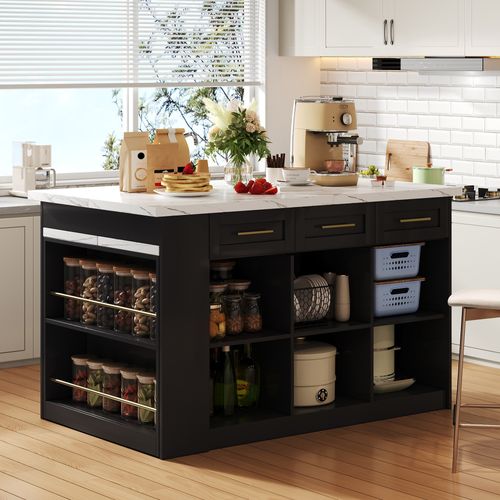 Ilot Central Ilot De Cuisine Avec Table Extensible, 6 Tiroirs Et 3 Portes Noir Et Blanc