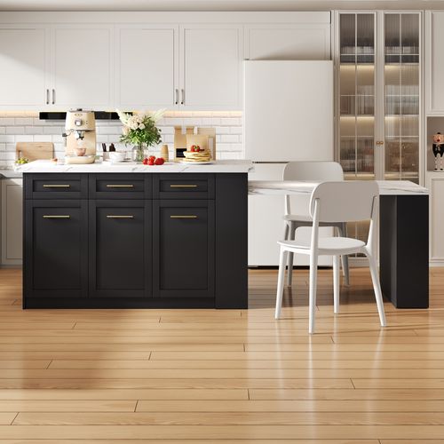 Ilot Central Ilot De Cuisine Avec Table Extensible, 6 Tiroirs Et 3 Portes Noir Et Blanc