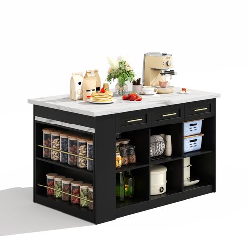 Ilot Central Ilot De Cuisine Avec Table Extensible, 6 Tiroirs Et 3 Portes Noir Et Blanc