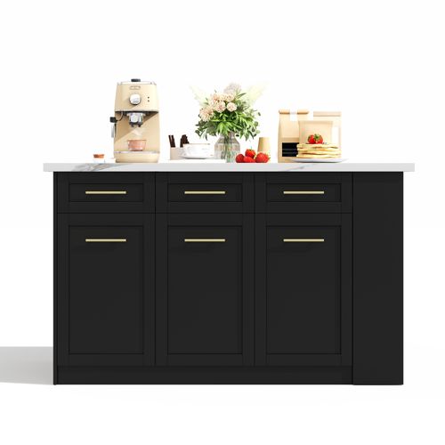 Ilot Central Ilot De Cuisine Avec Table Extensible, 6 Tiroirs Et 3 Portes Noir Et Blanc