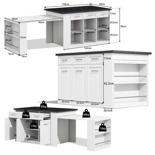 Ilot Central Ilot De Cuisine Avec Table Extensible, 6 Tiroirs Et 3 Portes Blanc