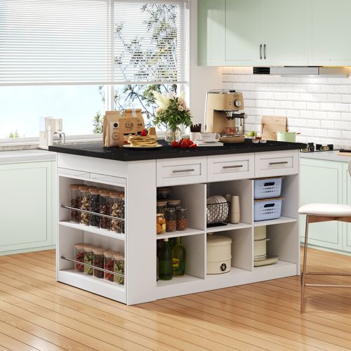 Ilot Central Ilot De Cuisine Avec Table Extensible, 6 Tiroirs Et 3 Portes Blanc