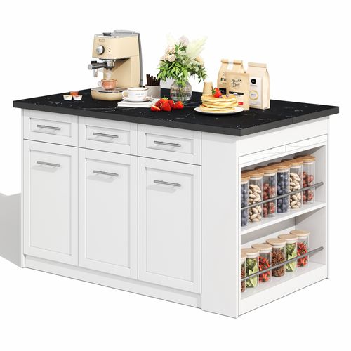 Ilot Central Ilot De Cuisine Avec Table Extensible, 6 Tiroirs Et 3 Portes Blanc