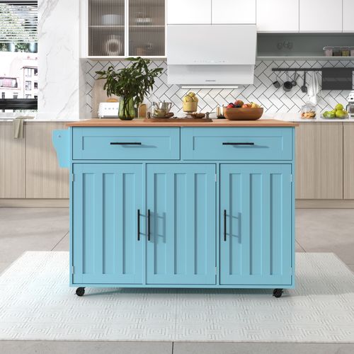 Ilot Central Ilot De Cuisine Avec 3 Portes, 2 Tiroirs Et Bureau Pliable Bleu