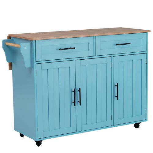 Ilot Central Ilot De Cuisine Avec 3 Portes, 2 Tiroirs Et Bureau Pliable Bleu