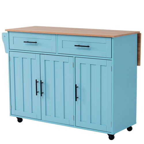 Ilot Central Ilot De Cuisine Avec 3 Portes, 2 Tiroirs Et Bureau Pliable Bleu